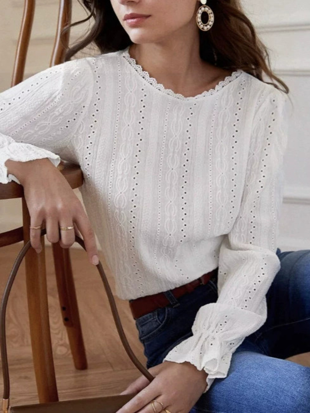 Zara Lace Cut Out Round Neck Jacquard Long Sleeve Spring Blouse
